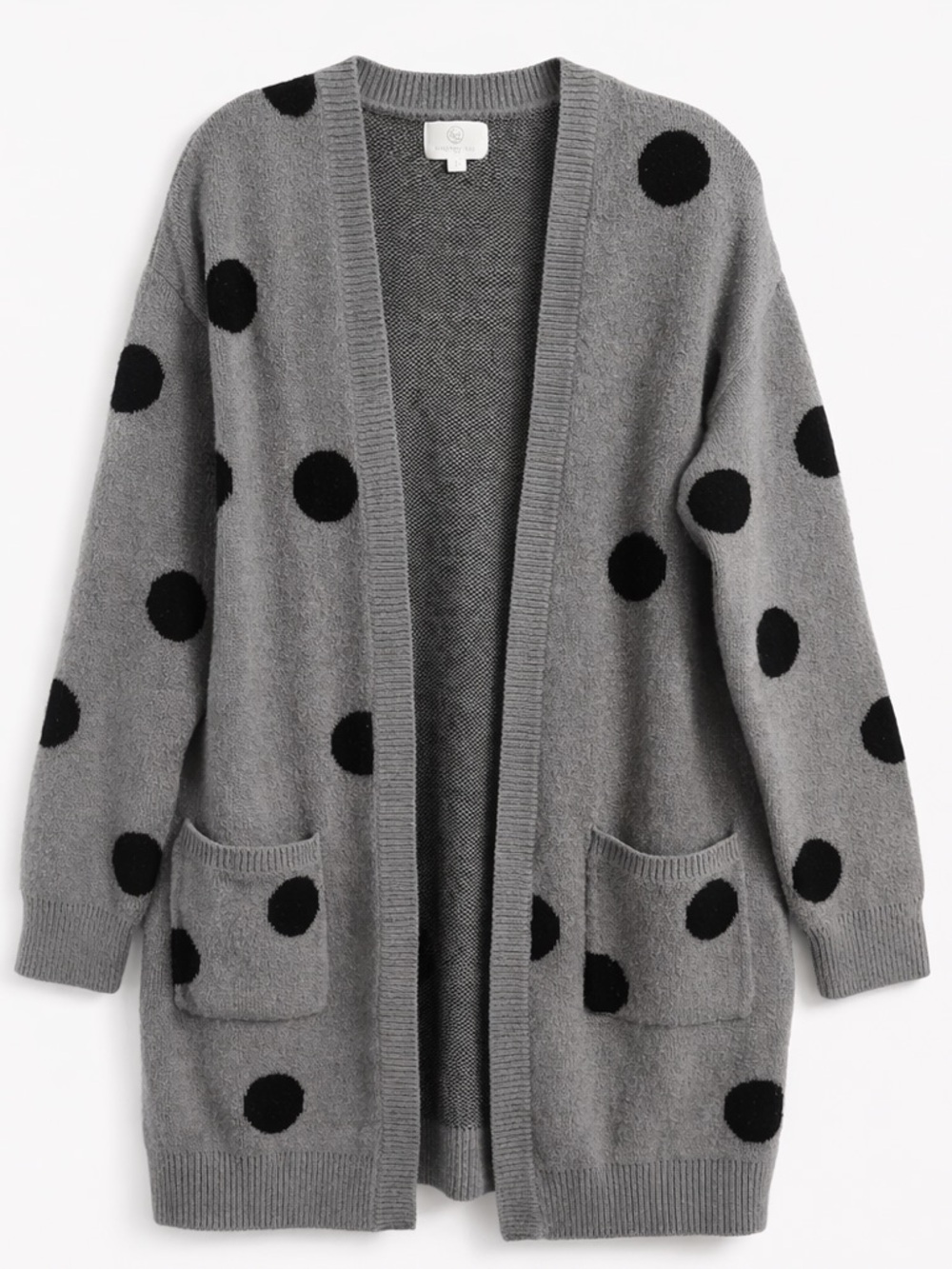FSL Cardigan Sweater M Relaxed Fit Gray Black Polka Dot Open Front